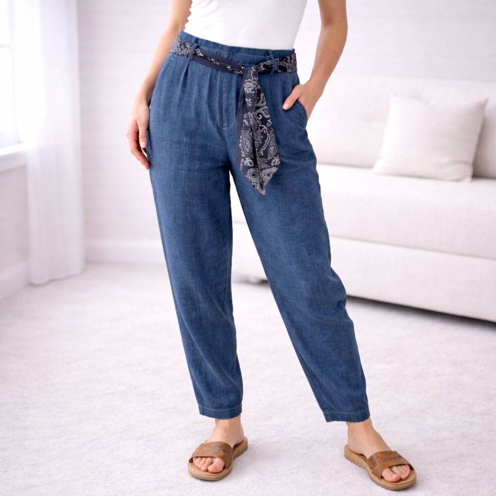100% Linen Balloon Leg Emporio Armani High-Waisted Pants Bandana Print Belt 44